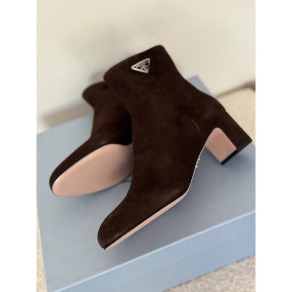 Prada Brown Suede Ankle Boots 37.5 | Logo Heel Zip Booties Made in Italy NIB - Picture 9 of 13